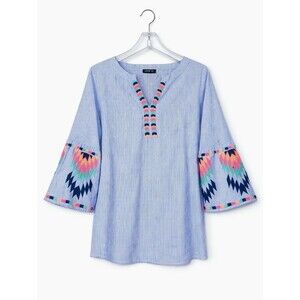 APNY Vilagallo Tana Irish Blue Micro Stripe Colorful Embroidery Casual Blouse